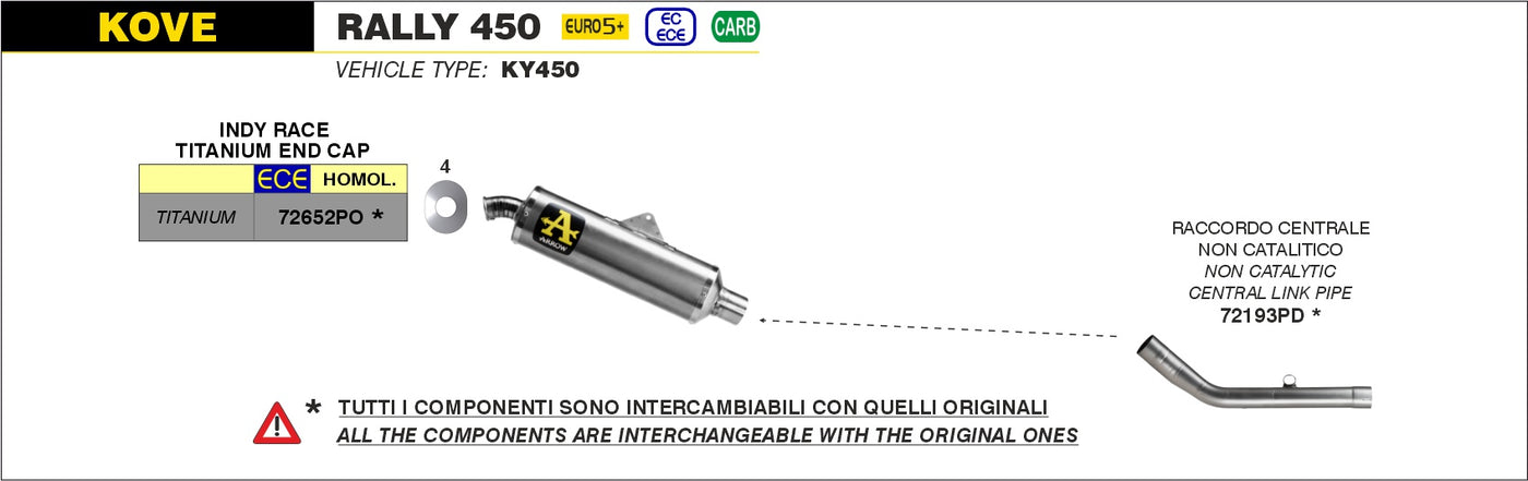 ARROW 72193PD non catalized central link pipe for KOVE 450 RALLY